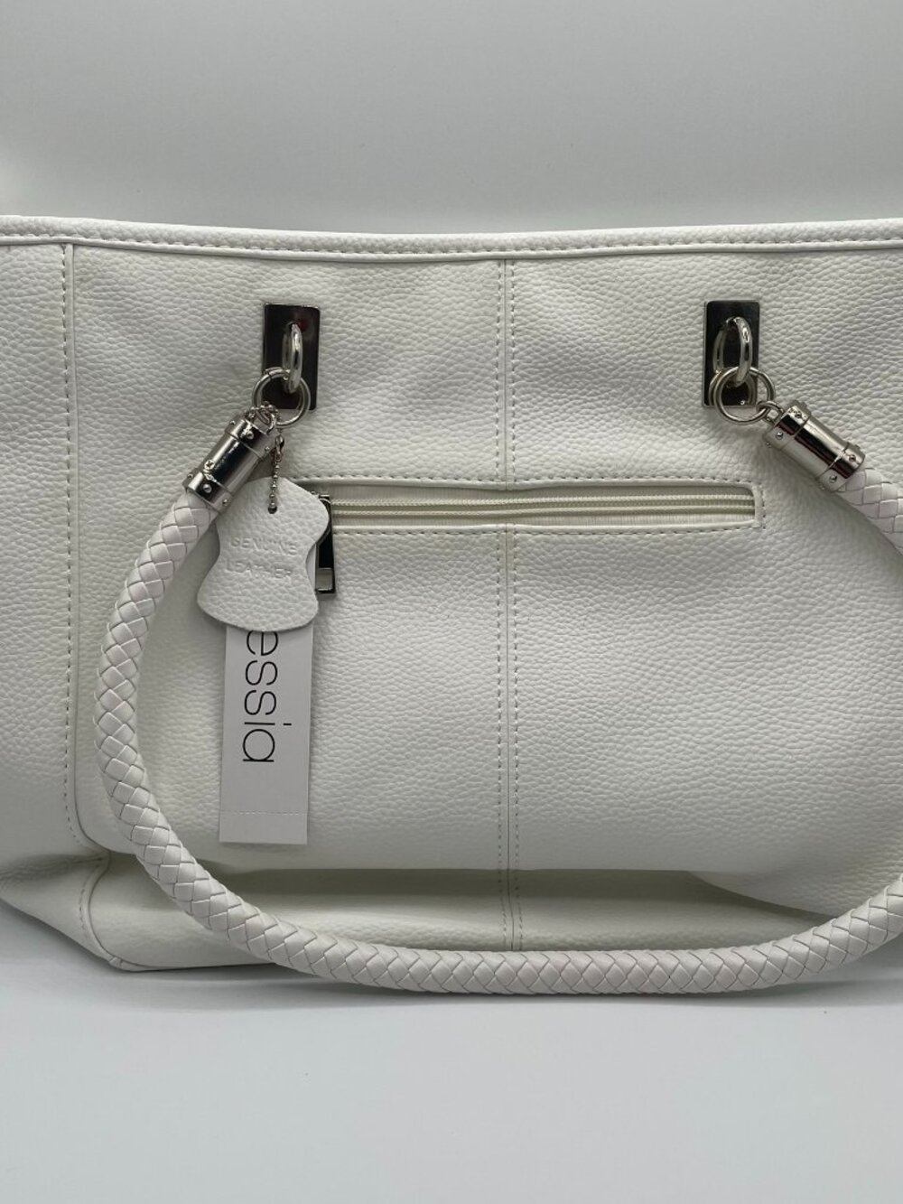 Alessia White Leather Satchel with a Silver Tone Hardware Braided Shoulder Strap